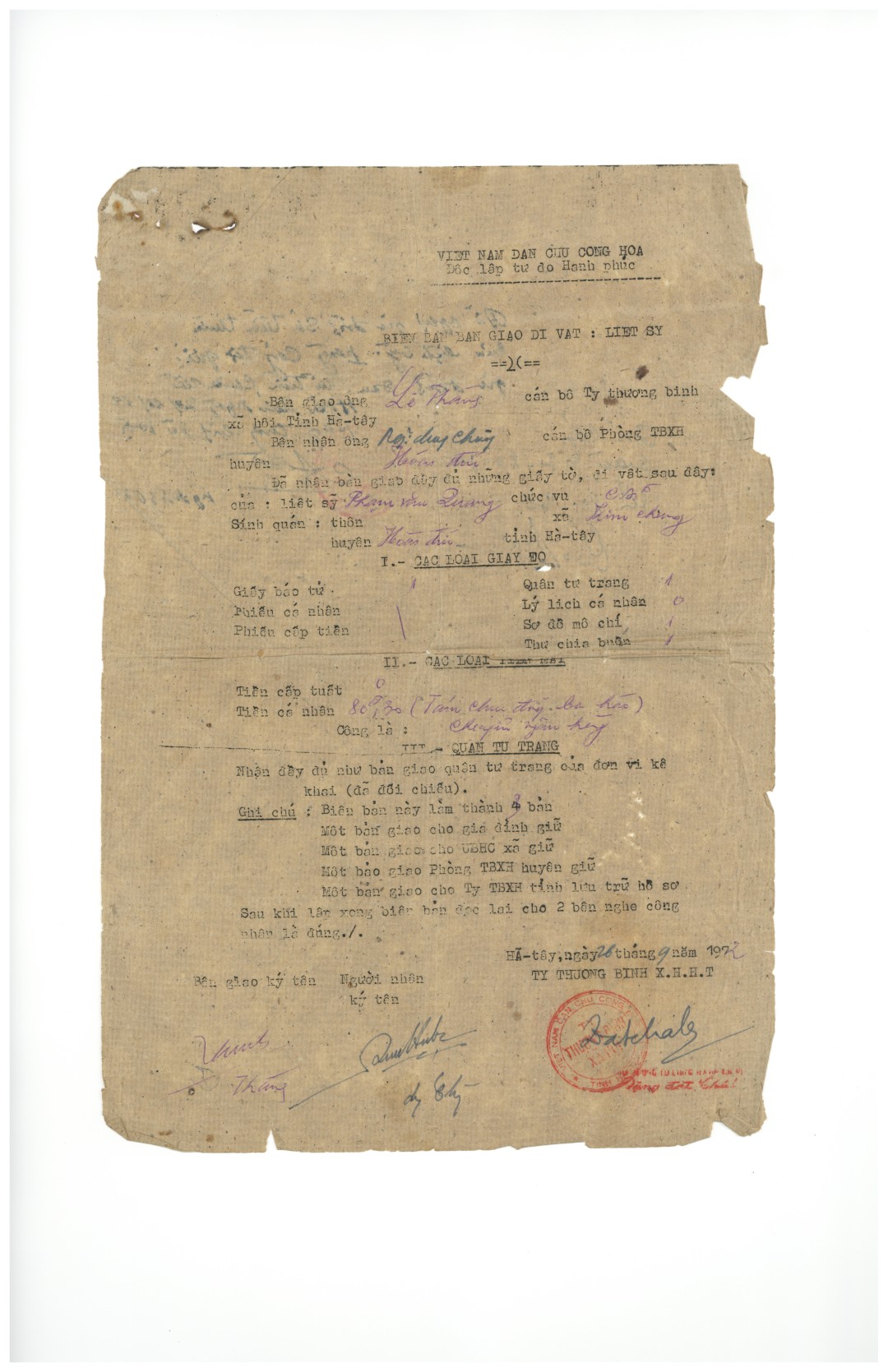 Giấy bàn giao di vật của liệt sĩ